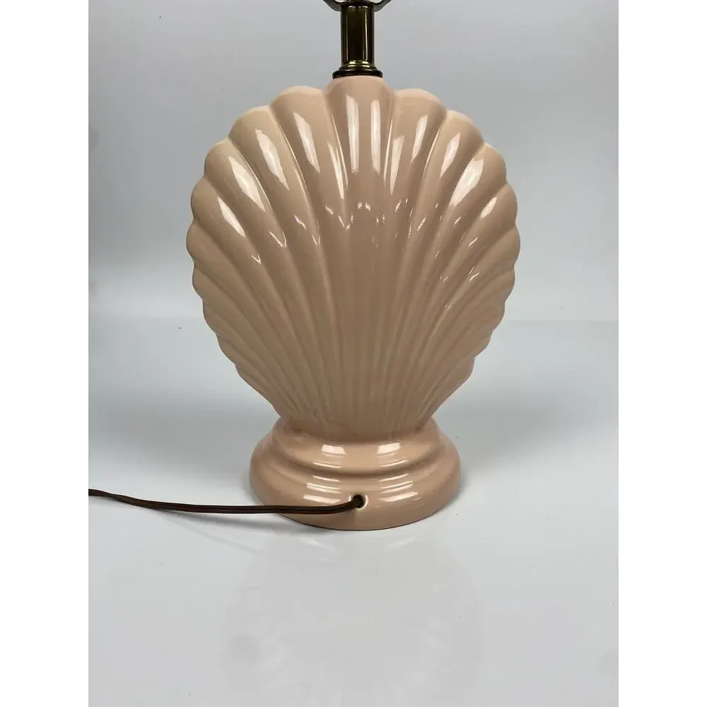 Vtg Hollywood Regency Art Deco Ceramic Clam Shell Lamp MCM Beach Peach Pink - Picture 6 of 10